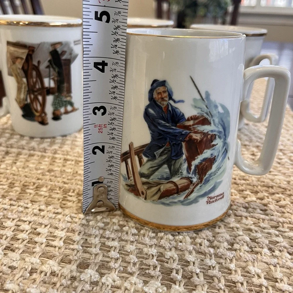 Norman Rockwell Coffee Mug set-Museum Series-Gold rim-Vintage Porcelain Set 4